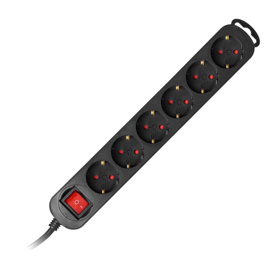 6 extension sockets 2P+E (Schuko), with central switch, 1.5m H05VV-F 3x1.0mm², Imax=10A,flat plug, black