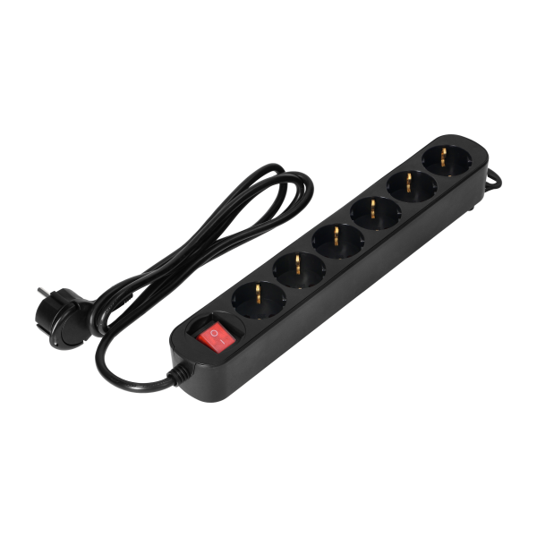 6 extension sockets 2P+E (Schuko), with central switch, 3m H05VV-F 3x1.0mm², Imax=10A,flat plug, black
