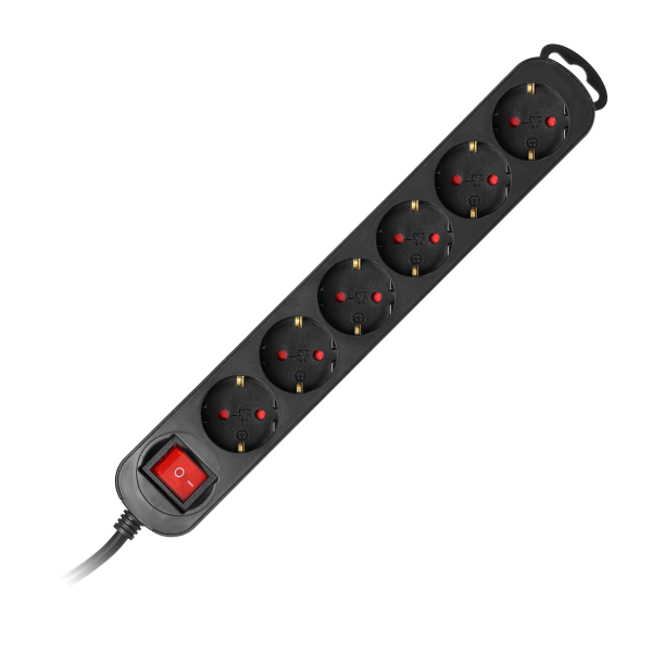 6 extension sockets 2P+E (Schuko), with central switch, 3m H05VV-F 3x1.0mm², Imax=10A,flat plug, black