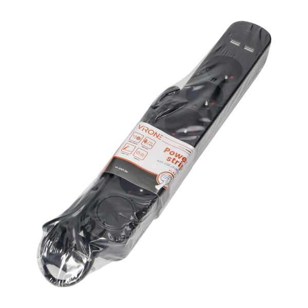 Power strip with surge protection and main switch, 5 sockets 2P+E, 1.5m cable, 2xUSB 2.1A chargers and flat plug