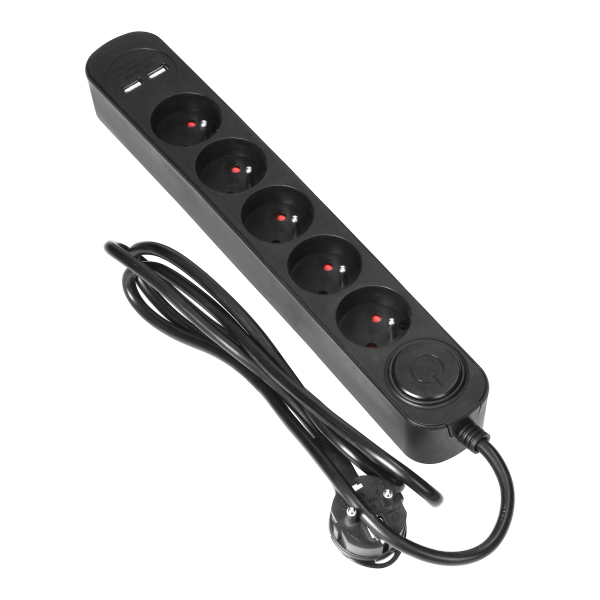 Power strip with surge protection and main switch, 5 sockets 2P+E, 1.5m cable, 2xUSB 2.1A chargers and flat plug
