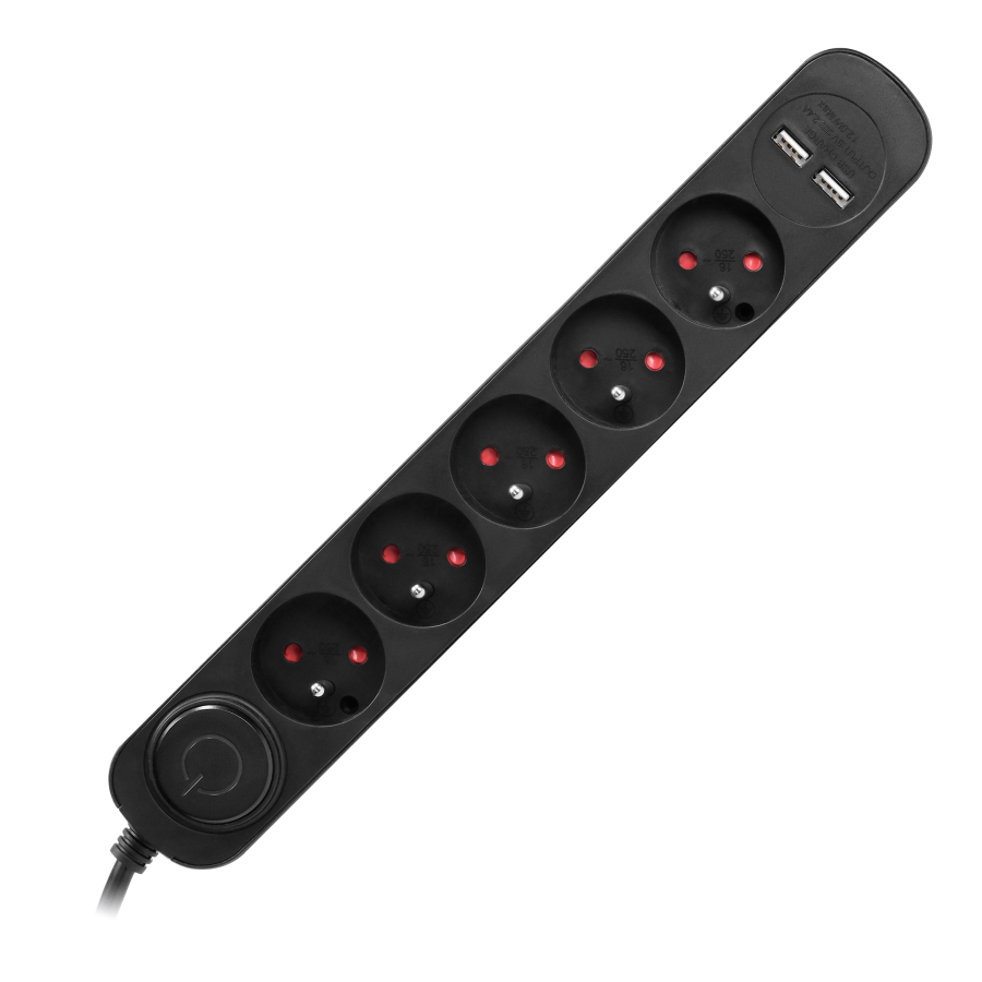 Power strip with surge protection and main switch, 5 sockets 2P+E, 1.5m cable, 2xUSB 2.1A chargers and flat plug