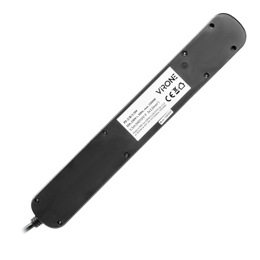 Power strip with surge protection and main switch, 5 sockets 2P+E, 1.5m cable, 2xUSB 2.1A chargers and flat plug