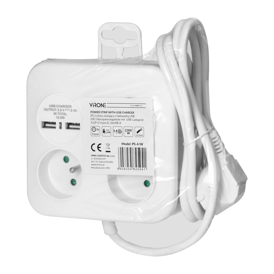 Square power strip 3x2P+E with USB charger, 2xUSB-A, 3x1.0mm2 cable, 1.4m