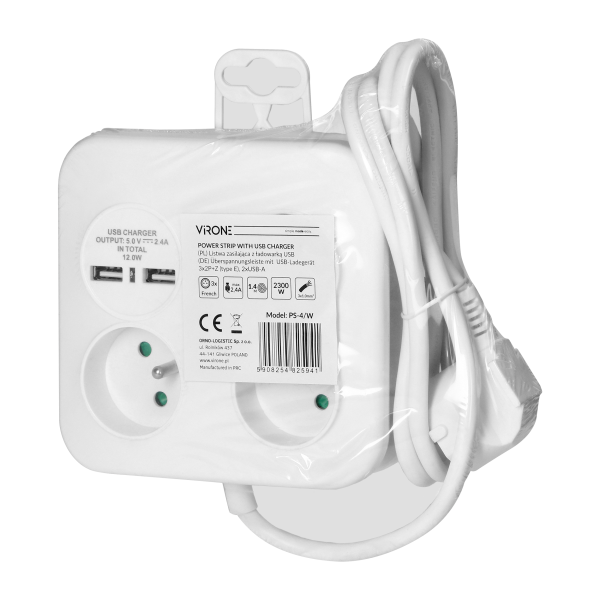 Square power strip 3x2P+E with USB charger, 2xUSB-A, 3x1.0mm2 cable, 1.4m