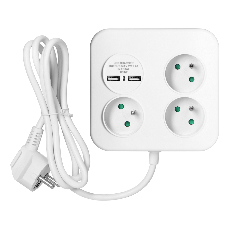 Square power strip 3x2P+E with USB charger, 2xUSB-A, 3x1.0mm2 cable, 1.4m