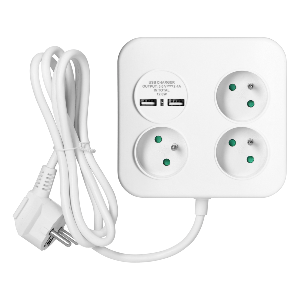 Square power strip 3x2P+E with USB charger, 2xUSB-A, 3x1.0mm2 cable, 1.4m