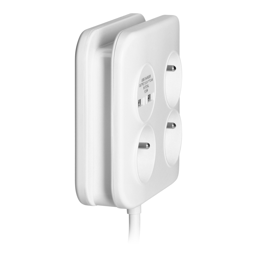 Square power strip 3x2P+E with USB charger, 2xUSB-A, 3x1.0mm2 cable, 1.4m