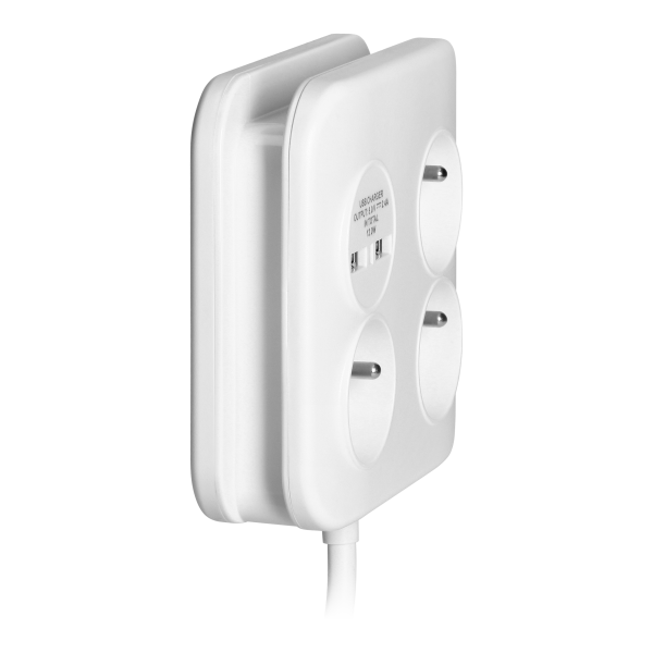 Square power strip 3x2P+E with USB charger, 2xUSB-A, 3x1.0mm2 cable, 1.4m