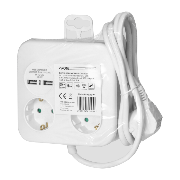 Kwadratowa listwa zasilająca z ładowarką USB  3x2P+Z (Schuko), 2xUSB-A, kabel 3x1,5mm2, 1,4m