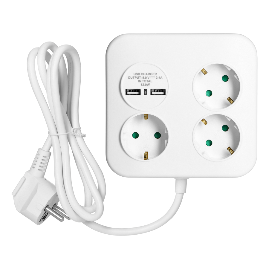 Square power strip 3x2P+E (Schuko) with USB charger, 2xUSB-A, 3x1.5mm2 cable, 1.4m