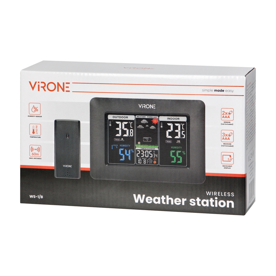 Wireless weather station with outdoor and indoor humidity and temperature indications, black