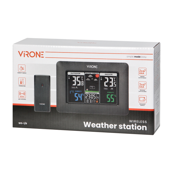 Wireless weather station with outdoor and indoor humidity and temperature indications, black