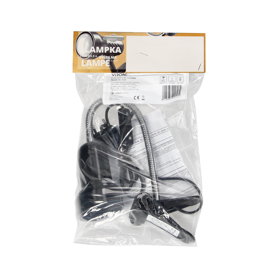 LUKE, lampa biurkowa z klipsem, flex, 40W, E14, stal + tworzywo, czarna