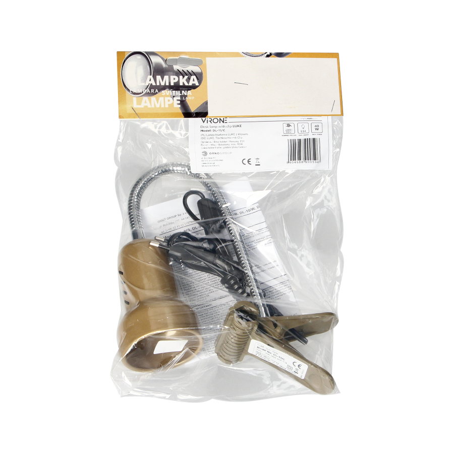 LUKE, lampa biurkowa z klipsem, flex, 40W, E14, stal + tworzywo, złota