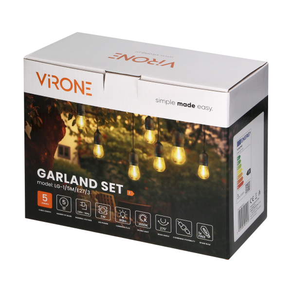 Garland set - lighting garland 5 m long, IP44, black + 5 LED bulbs 1W E27, 3000K + 1 free bulb