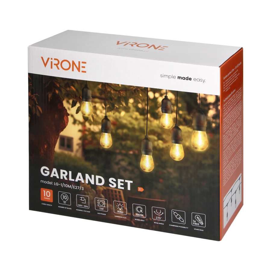 Garland set - lighting garland 10 m long, IP44, black + 10 LED bulbs 1W E27, 3000K + 1 free bulb