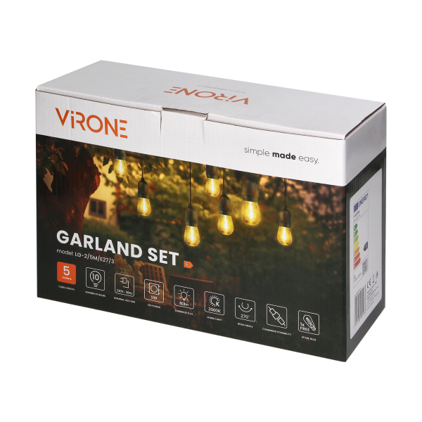 Zestaw girlanda oświetleniowa -1 sznur 5m (10 opraw) + 10 żarówek LED 1W E27, 3000K - ciepła + 1 żarówka gratis!