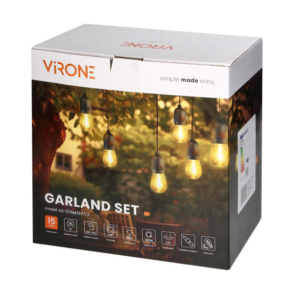 Zestaw girlanda oświetleniowa -1 sznur 15m (15 opraw) + 15 żarówek LED 1W E27, 3000K - ciepła + 1 żarówka gratis!