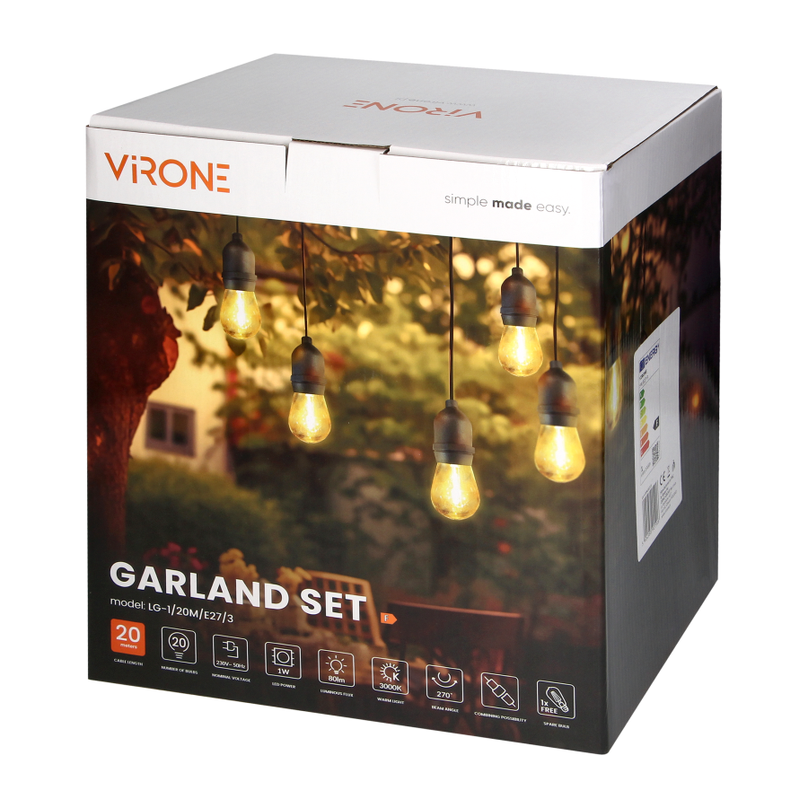 Zestaw girlanda oświetleniowa -1 sznur 20m (20 opraw) + 20 żarówek LED 1W E27, 3000K - ciepła + 1 żarówka gratis!