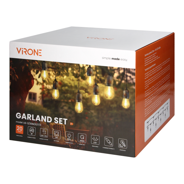Zestaw girlanda oświetleniowa -1 sznur 20m (40 opraw) + 40 żarówek LED 1W E27, 3000K - ciepła + 1 żarówka gratis!