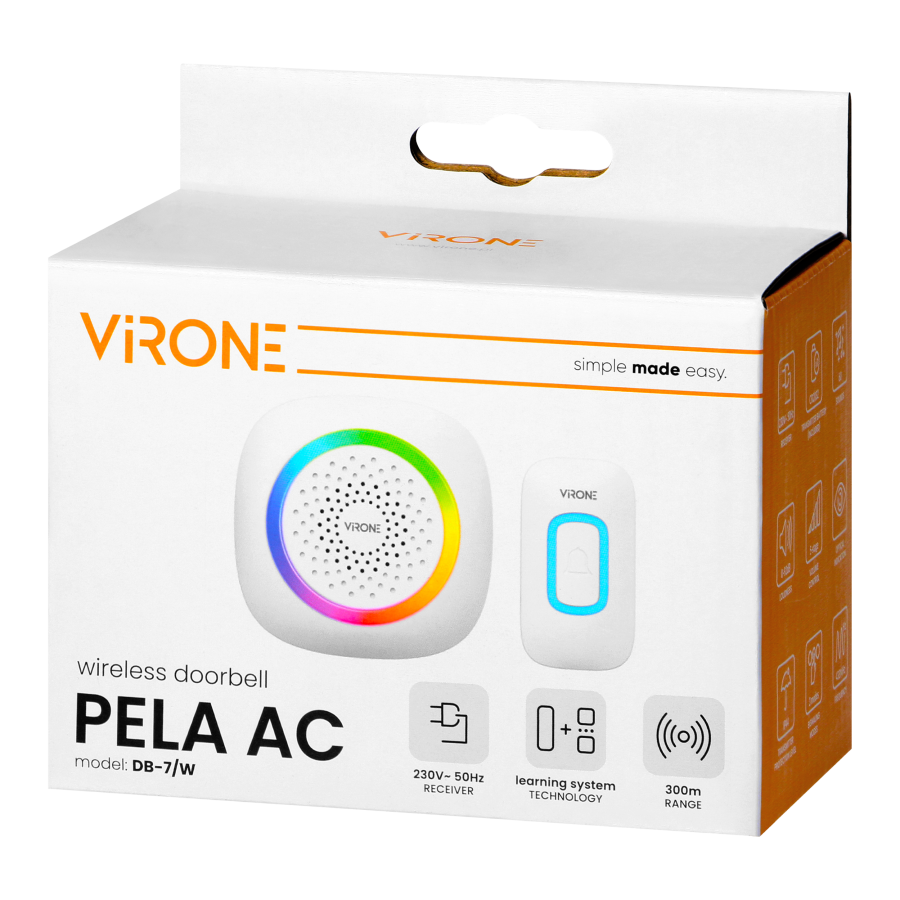 PELA AC, wireless battery-powered doorbell, learning system, 60 sounds, LED RGB, 300m, white