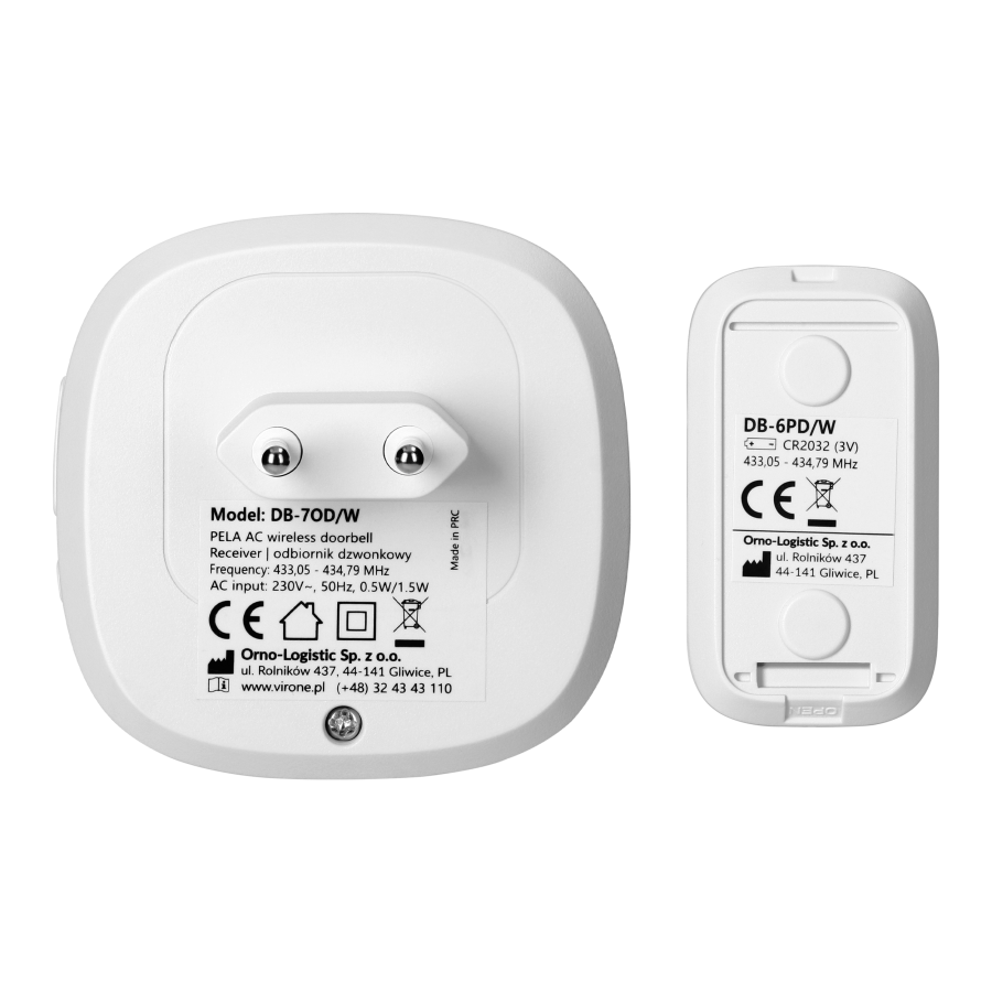 PELA AC, wireless battery-powered doorbell, learning system, 60 sounds, LED RGB, 300m, white