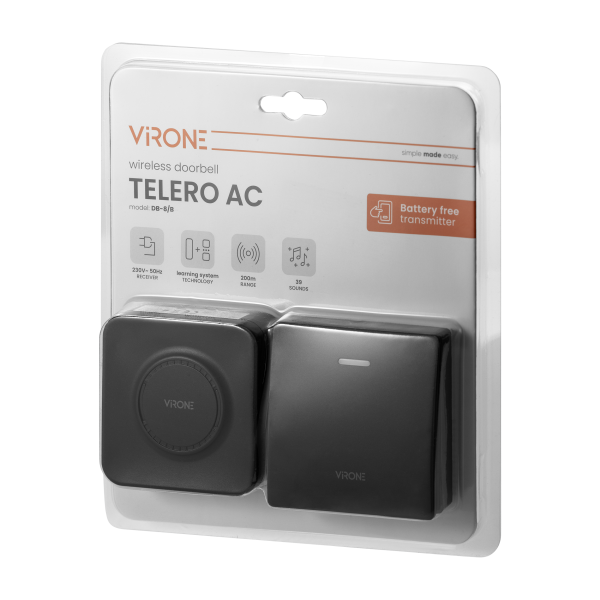 TELERO AC, wireless mains-powered doorbell, battery free doorbell button, learning system, 36 sounds, 200m, black