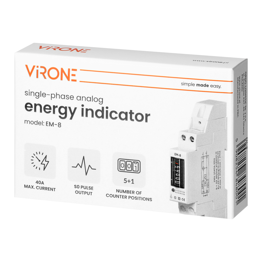 1-phase analog energy indicator, 40A, 1 module, DIN TH-35mm