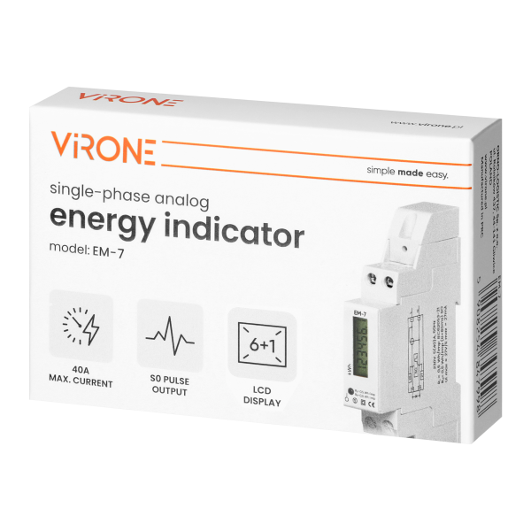 1-phase digital energy indicator, 40A, 1 module, DIN TH-35mm 1-phase digital energy indicator, 40A, 1 module, DIN TH-35mm
