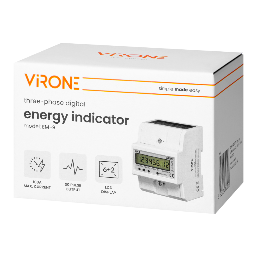 3-fazowy cyfrowy wskaźnik zużycia energii elektrycznej, 100A, 4 moduły, DIN TH-35mm