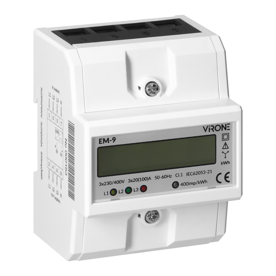 3-phase digital energy indicator, 100A, 4 modules, DIN TH-35mm