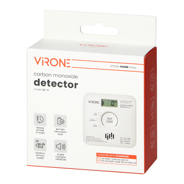 Battery-powered carbon monoxide detector, 2xAA, sensor lifetime 10 years