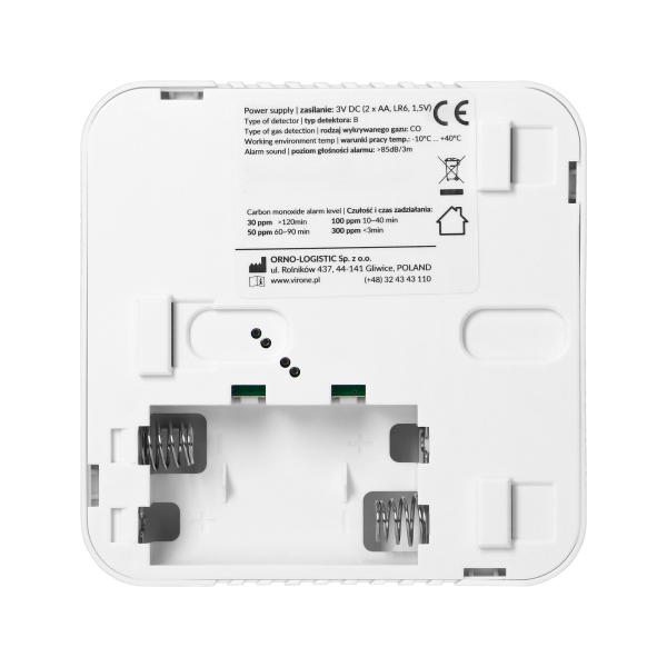 Battery-powered carbon monoxide detector, 2xAA, sensor lifetime 10 years