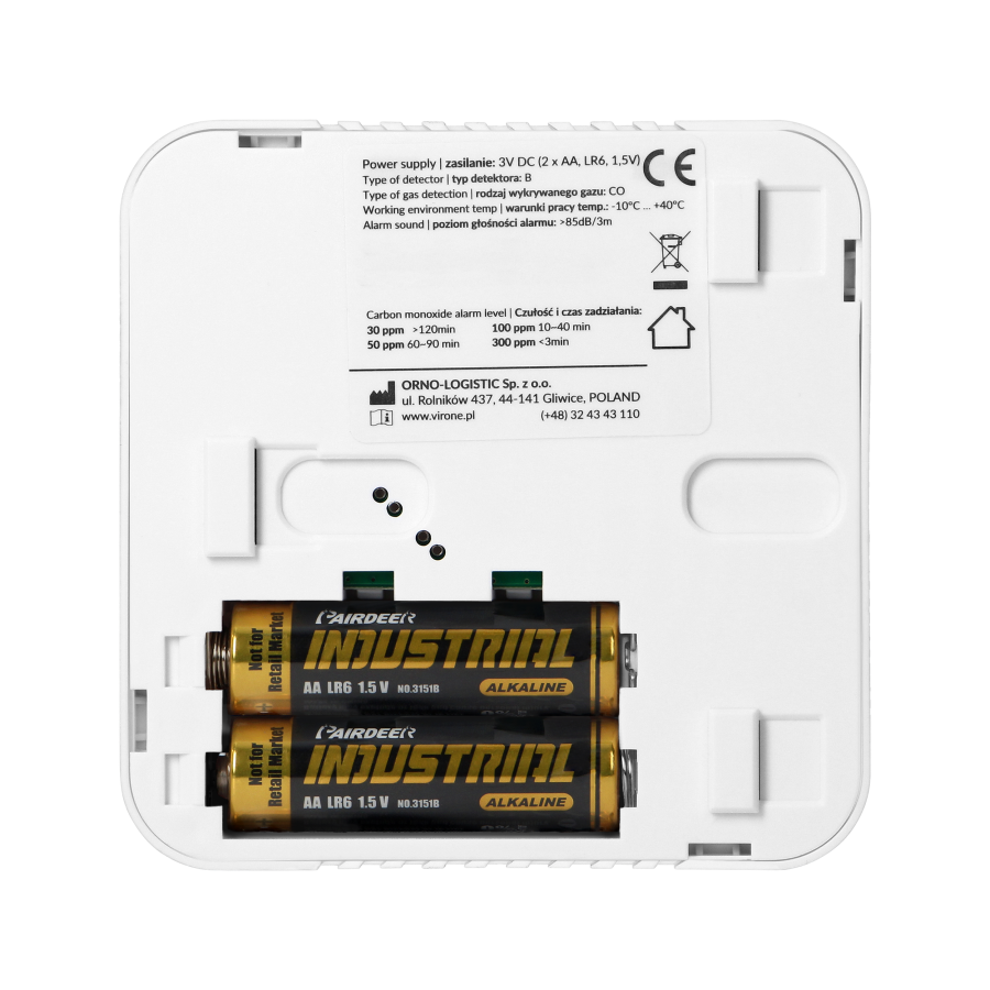 Battery-powered carbon monoxide detector, 2xAA, sensor lifetime 10 years