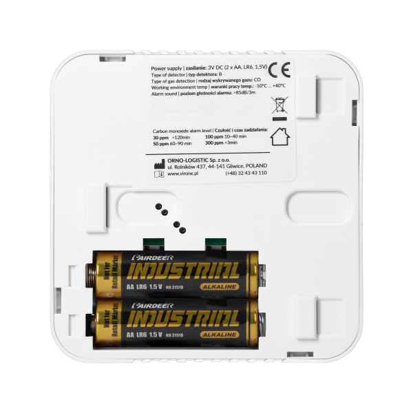 Battery-powered carbon monoxide detector, 2xAA, sensor lifetime 10 years