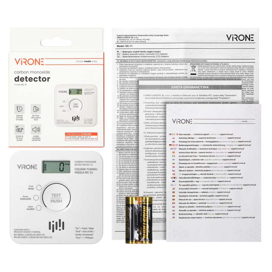 Battery-powered carbon monoxide detector, 2xAA, sensor lifetime 10 years