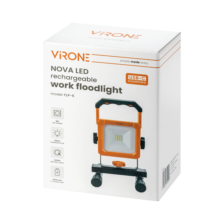 NOVA LED 9W, naświetlacz przenośny z akumulatorem, 700lm, IP54, 4000K, 1800mAh