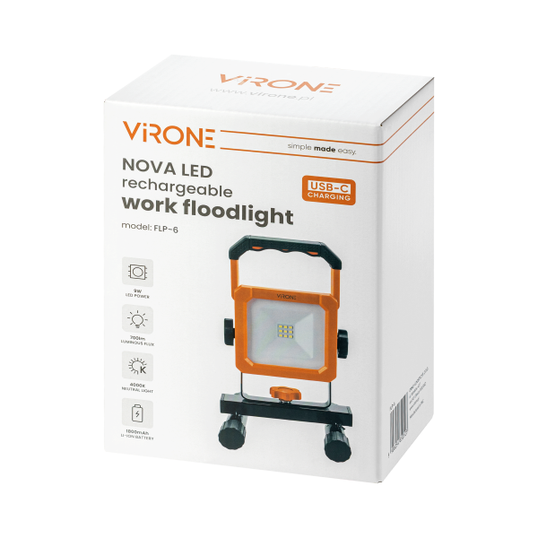 NOVA LED 9W, rechargeable work floodlight, 700lm, IP54, 4000K, 1800mAh