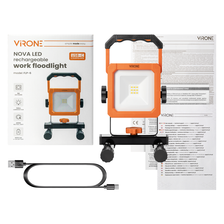 NOVA LED 9W, rechargeable work floodlight, 700lm, IP54, 4000K, 1800mAh