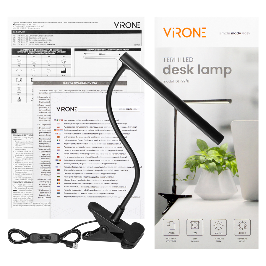 TERI II LED, desk lamp with clip, 5W, 260lm, 4000K, black