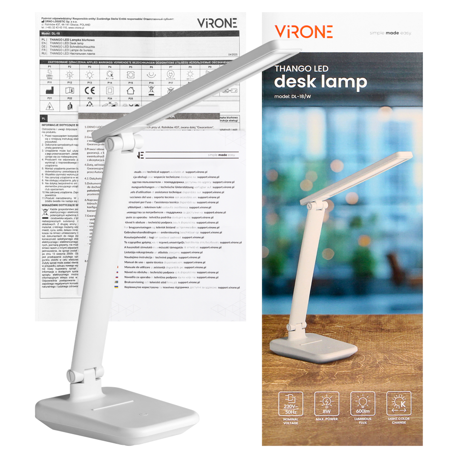 THANGO LED, desk lamp, 8W, 600lm, 3000-4000-6000K, light color changing, dimmable function, white