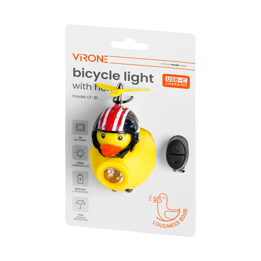 Bike light + horn, duck with helmet, 130lm, 800mAh, 6000K, 2 designs (mix)