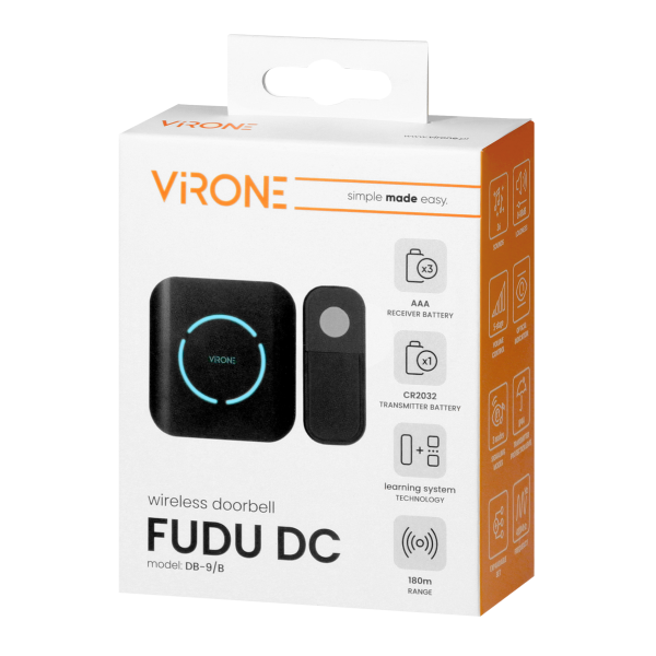 FUDU DC, wireless battery-powered doorbell, learning system, 36 sounds, 180m, black