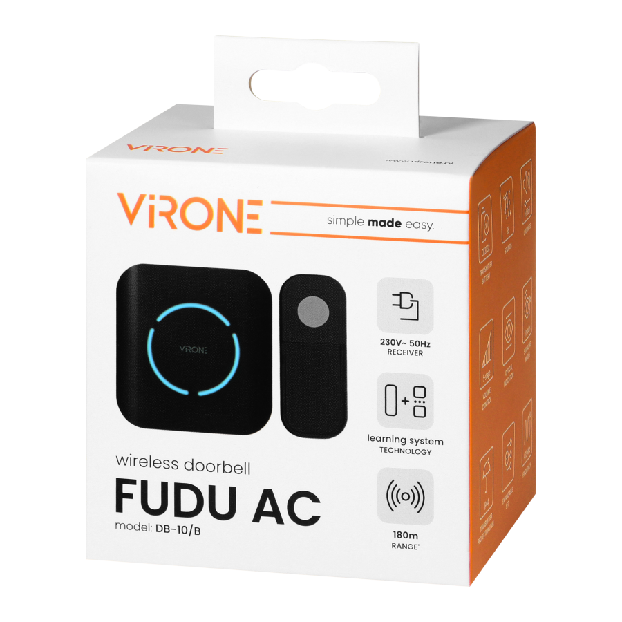 FUDU AC, wireless battery-powered doorbell, learning system, 36 sounds, 180m, black