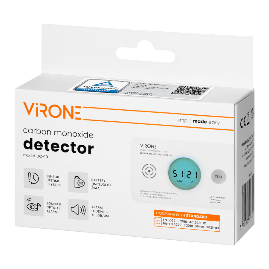 Battery-powered carbon monoxide detector, 2xAA, sensor lifetime 10 years