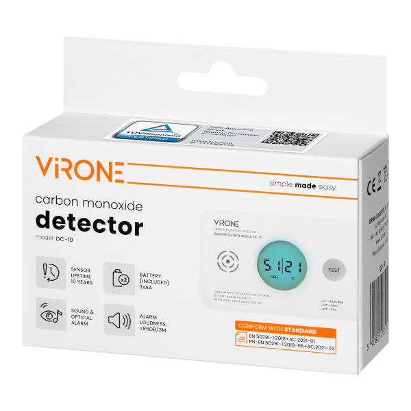 Battery-powered carbon monoxide detector, 2xAA, sensor lifetime 10 years Battery-powered carbon monoxide detector, 2xAA, sensor lifetime 10 years