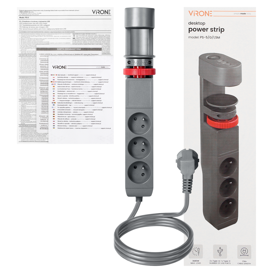 Desktop power strip 3-fold 2P+Z, 1,5M H05VV-F 3x1,5mm², 2xUSB+1 typu C