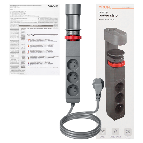 Desktop power strip 3-fold 2P+Z, 1,5M H05VV-F 3x1,5mm², 2xUSB+1 typu C