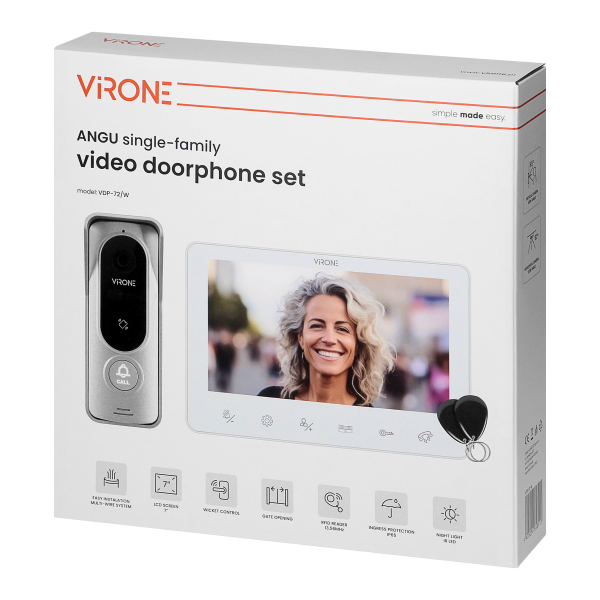 ANGU, single-family video doorphone set, 4-wires, LCD 7", touch buttons, RFID reader, white